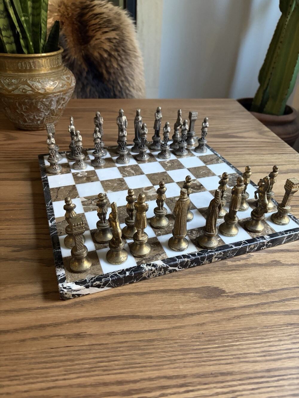 Vintage Florentine Renaissance Pewter Chess Set With Marble Chess Board